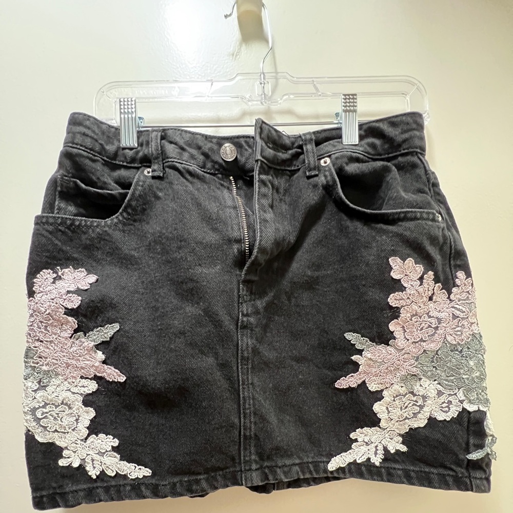 Topshop Black Denim Embroidered Skirt